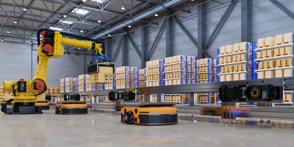 Factory Automation with Automated Guided Vehicles and robotic arm in transportation to increase transport more with safety.