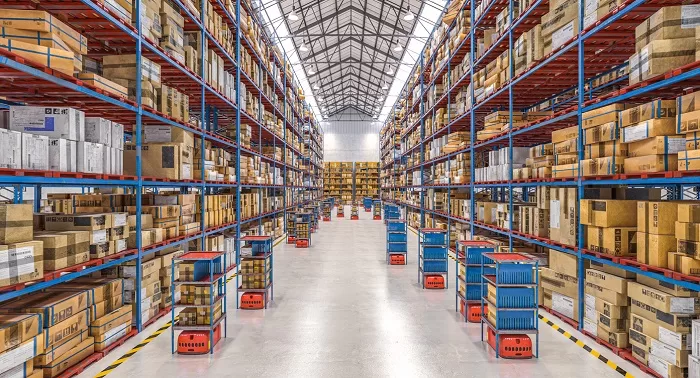 modern warehouse with automated goods movement system.